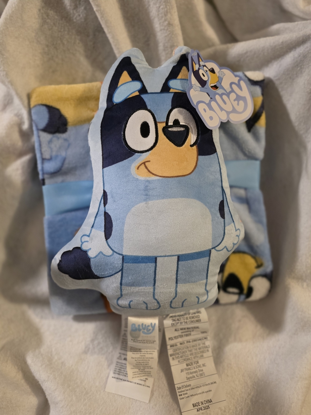 Bluey Plush Character Pillow and Blanket- Light Blue, Navy, Yellow